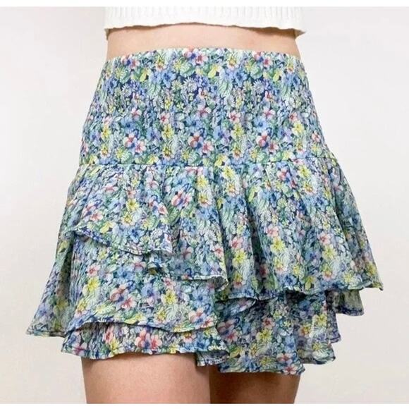 MNG Mango Floral Tiered Ruffle Mini Skirt Size 10 - Picture 1 of 5